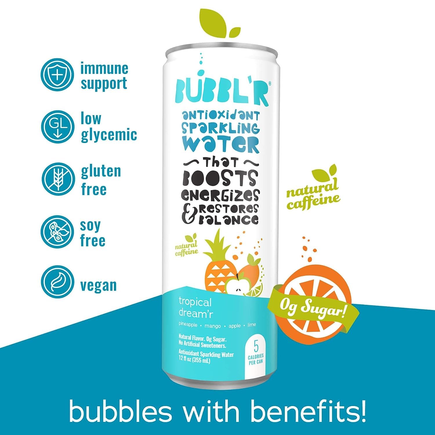 BUBBL'R tropical dream'r, Antioxidant Sparkling Water with Natural Caffeine, 0g Sugar, Gluten Free, All Natural Flavors, 12 Fl Oz Cans, 12 Count