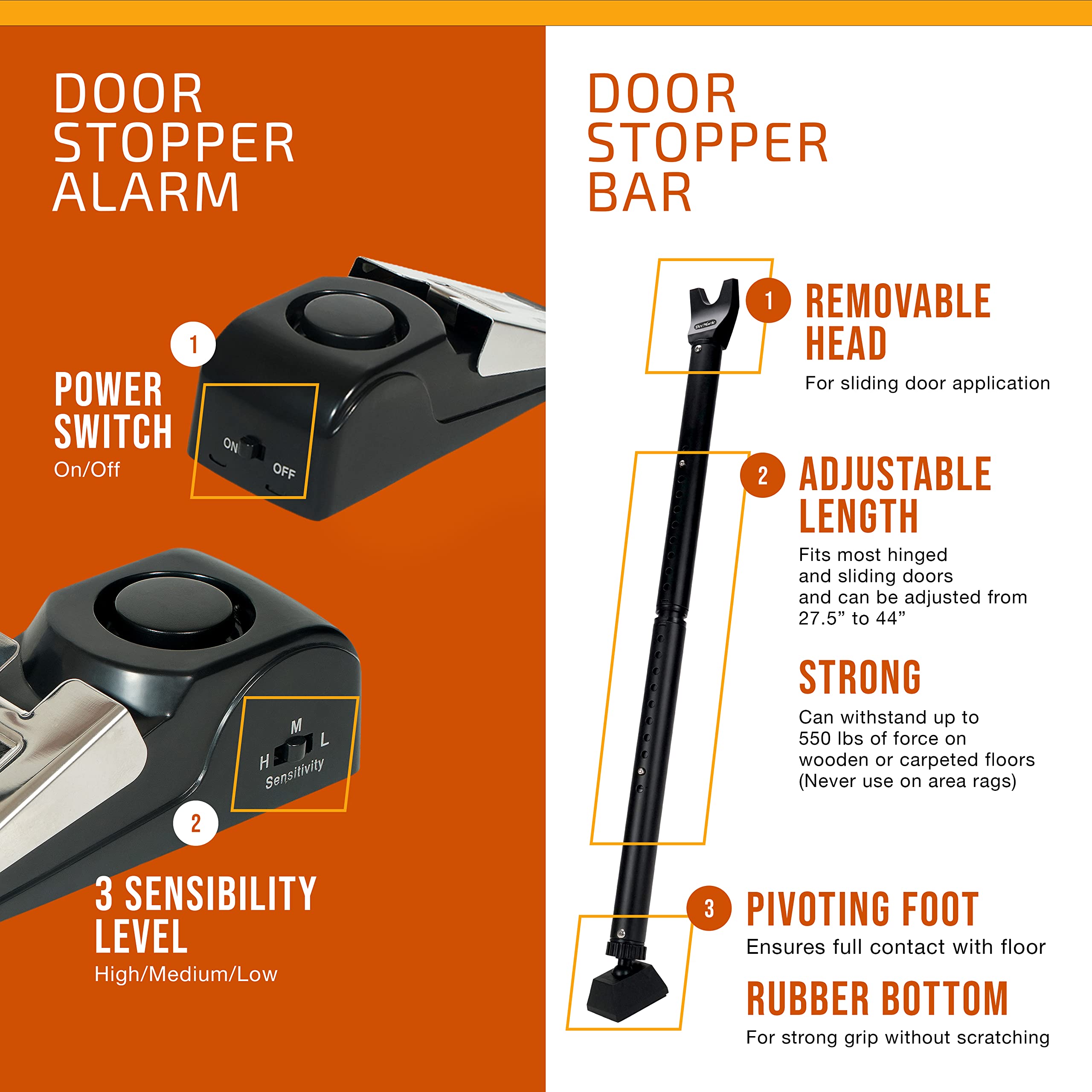 Door Stopper Alarm and Door Security Bar Bundle - House, Apartment, School, Hotel Door Security System, Adjustable Door Stoppers, Sliding Glass Door Security Bar - Lightweight, Portable Doorstops
