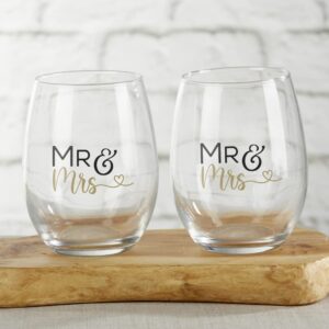 Kate Aspen Mr & Mrs 15 oz. Stemless Wine Glass - Heart (Set of 2) Wedding Gift (30023NA-MMH)