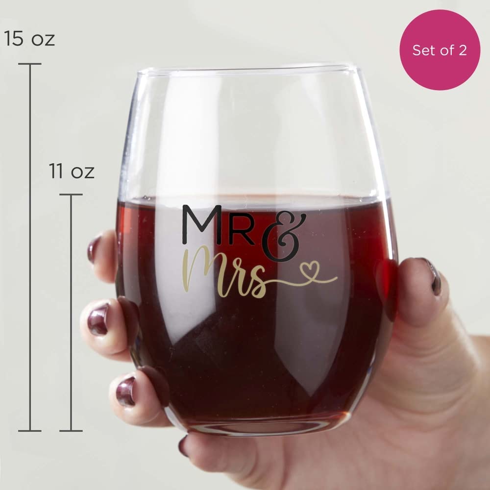 Kate Aspen Mr & Mrs 15 oz. Stemless Wine Glass - Heart (Set of 2) Wedding Gift (30023NA-MMH)