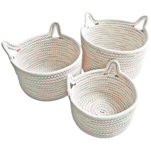 small woven baskets | mini storage bins | cotton rope baby nursery organizers | cute round cat ears basket for organizing desk decor kids toy dog cat baby girls gift-set of 3 (white mixed colors)