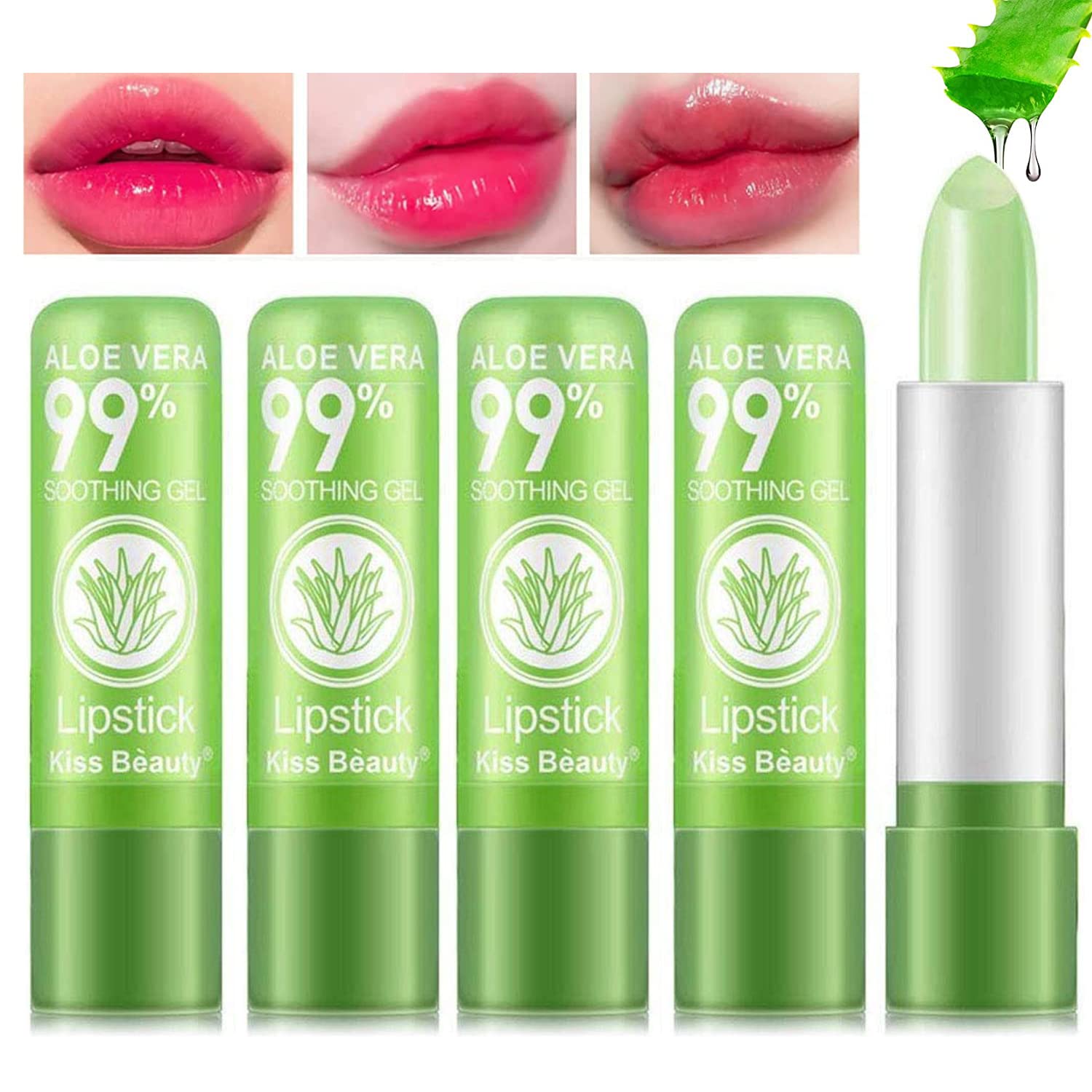 BestLand 5 Pack Aloe Vera Color Changing Lipstick, Long Lasting Moisturizing Temperature Color Changing Aloe Vera Lip Gloss Lip Balm, Green Lipstick that Turns Pink Magic lipstick Makeup (Aloe Vera)