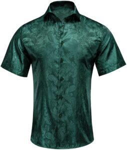 hi-tie men's dark green paisley dress shirt solid jacquard silk casual hawaiian button down shirts short sleeve shirt