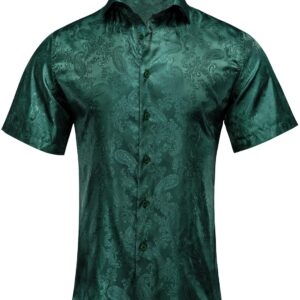 Hi-Tie Men's Dark Green Paisley Dress Shirt Solid Jacquard Silk Casual Hawaiian Button Down Shirts Short Sleeve Shirt