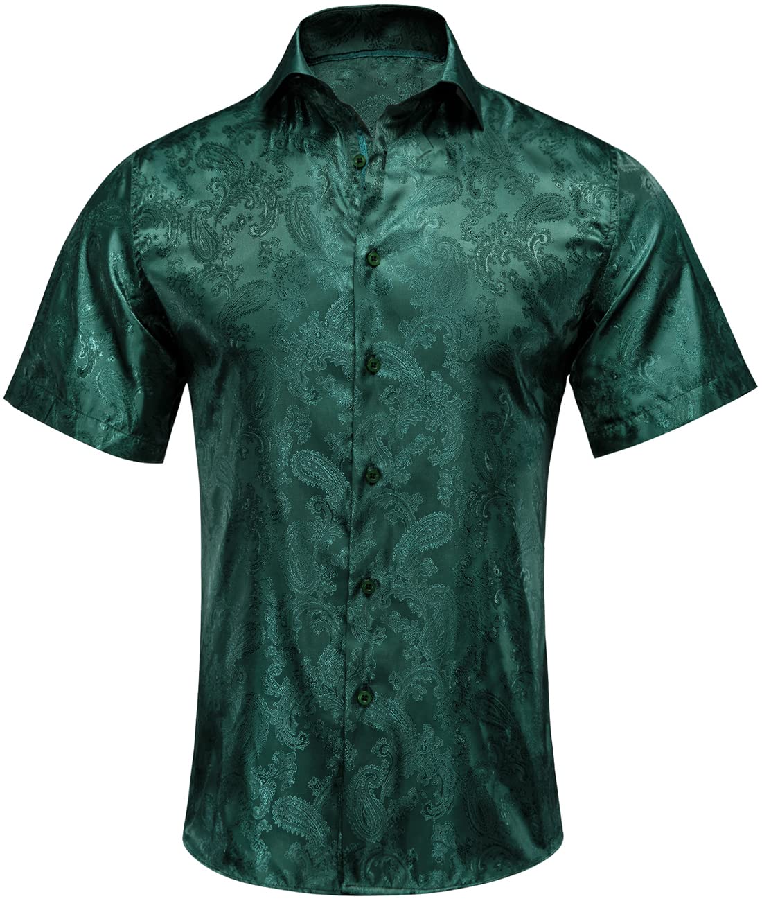 Hi-Tie Men's Dark Green Paisley Dress Shirt Solid Jacquard Silk Casual Hawaiian Button Down Shirts Short Sleeve Shirt