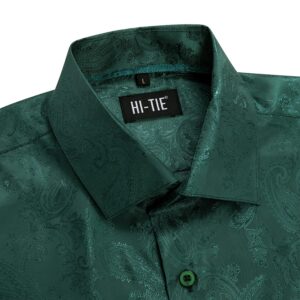 Hi-Tie Men's Dark Green Paisley Dress Shirt Solid Jacquard Silk Casual Hawaiian Button Down Shirts Short Sleeve Shirt