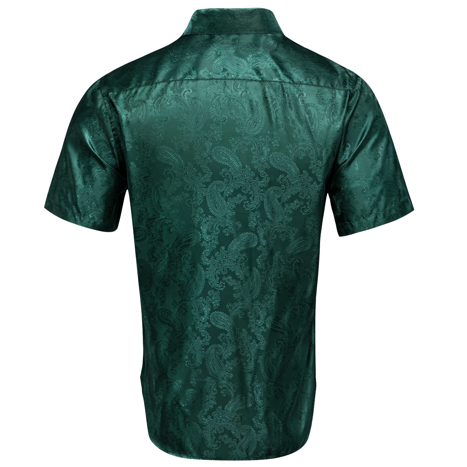 Hi-Tie Men's Dark Green Paisley Dress Shirt Solid Jacquard Silk Casual Hawaiian Button Down Shirts Short Sleeve Shirt
