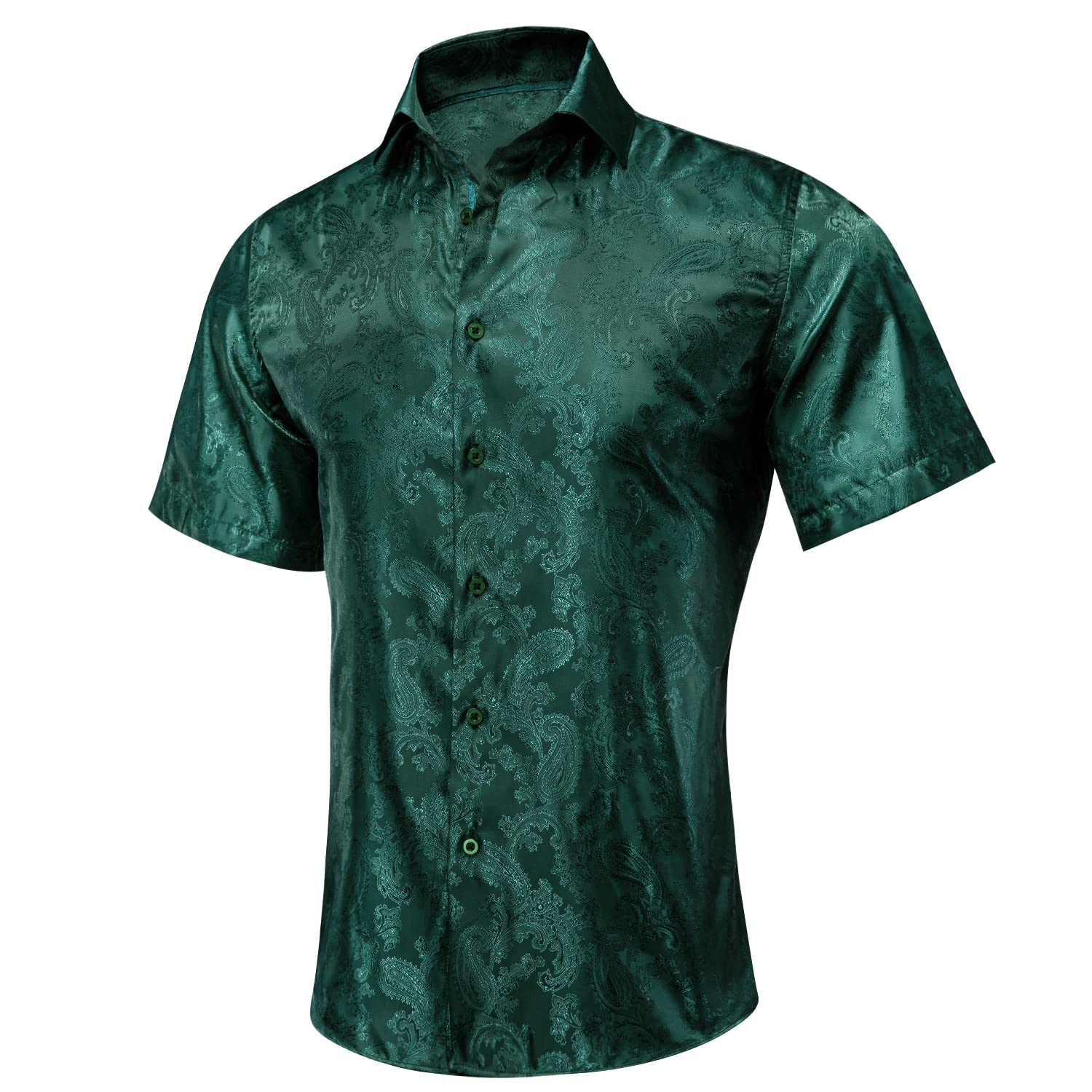 Hi-Tie Men's Dark Green Paisley Dress Shirt Solid Jacquard Silk Casual Hawaiian Button Down Shirts Short Sleeve Shirt