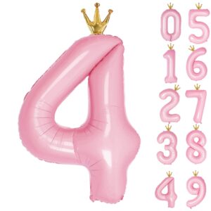 gifloon number 4 balloon with crown, large number balloons 40 inch, 4th birthday party decorations supplies 4 year old birthday sign decor, pink