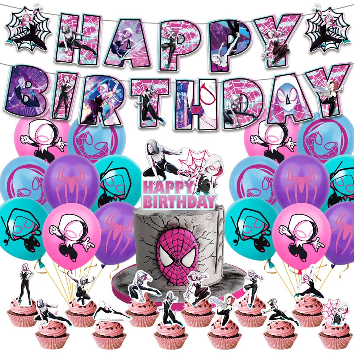 Spider girl Birthday Party Decorations,Pink Super Girls Decorations Includes Happy Birthday Banners,Cupcake Toppers,Balloons