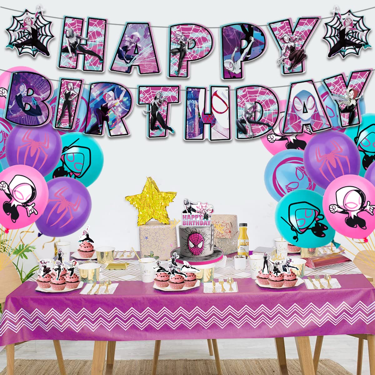 Spider girl Birthday Party Decorations,Pink Super Girls Decorations Includes Happy Birthday Banners,Cupcake Toppers,Balloons