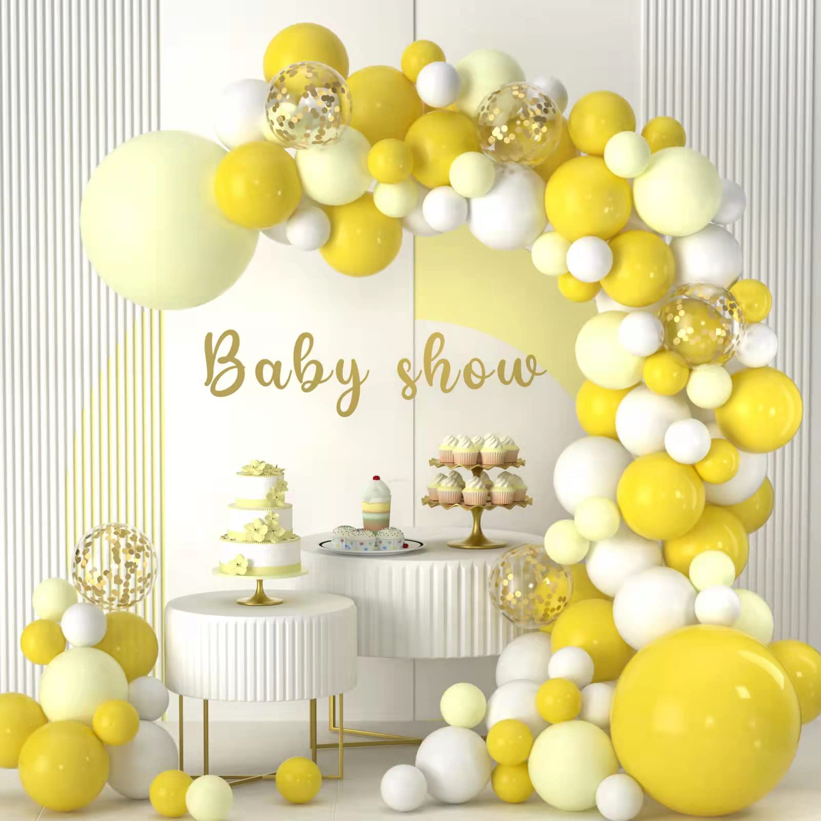 Yellow Balloons Garland Kit, 102pcs Pastel Yellow White Gold Confetti Balloons with 18 + 12 + 10 + 5 Inch for Sunflower Honey Bee Theme Birthday Baby Shower Gender Reveal Party Supplies Decorations