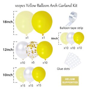 Yellow Balloons Garland Kit, 102pcs Pastel Yellow White Gold Confetti Balloons with 18 + 12 + 10 + 5 Inch for Sunflower Honey Bee Theme Birthday Baby Shower Gender Reveal Party Supplies Decorations