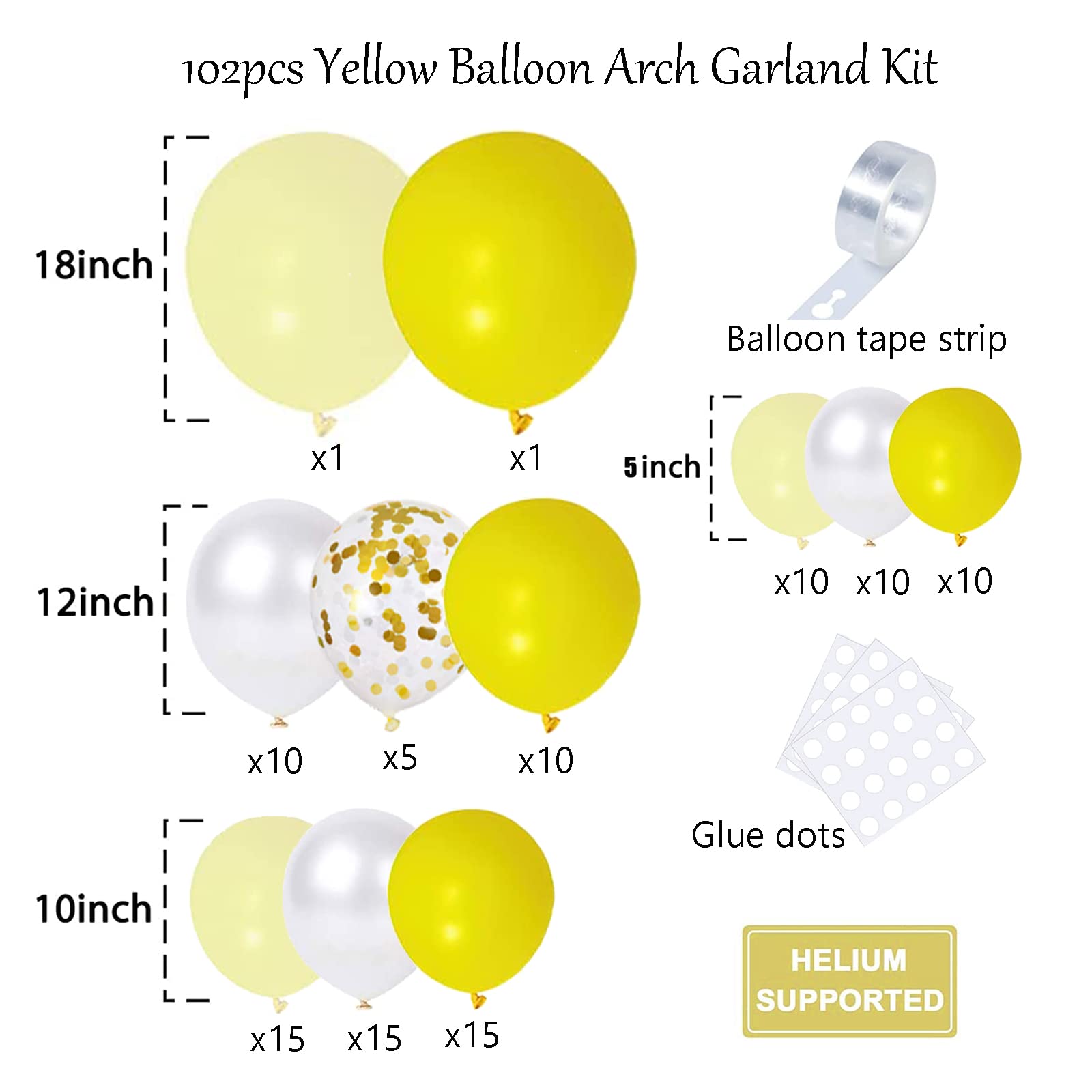 Yellow Balloons Garland Kit, 102pcs Pastel Yellow White Gold Confetti Balloons with 18 + 12 + 10 + 5 Inch for Sunflower Honey Bee Theme Birthday Baby Shower Gender Reveal Party Supplies Decorations
