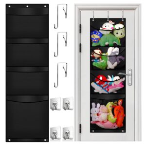 bmhlinyi over door stuffed animal storage, stuff animals organizer and toy plush storage，with 4 large breathable storage pockets, hanging door organizer for nursery, bedroom, bathroom, kids room