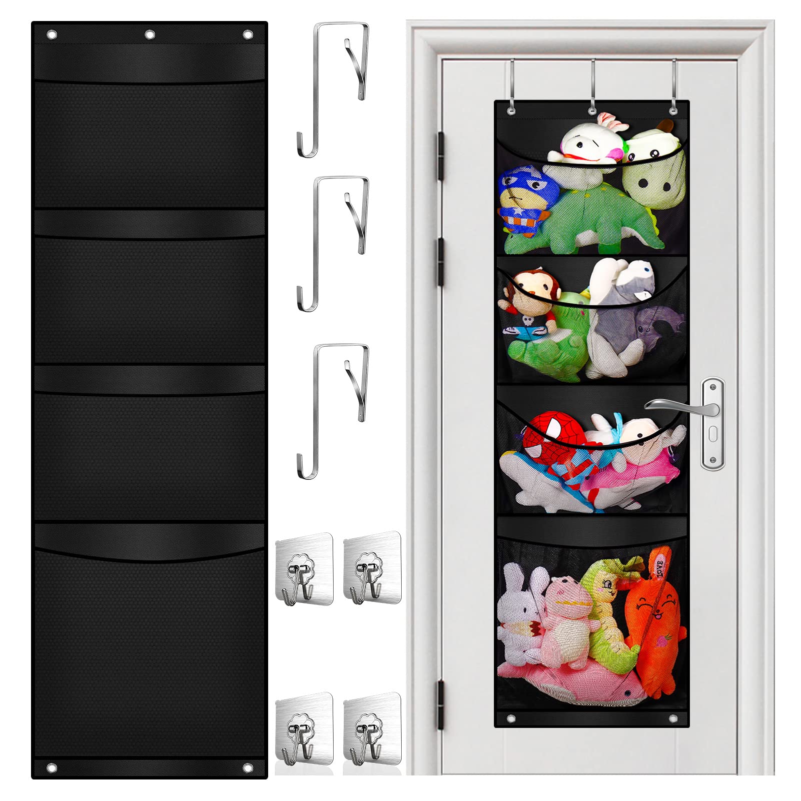 bmhlinyi Over Door Stuffed Animal Storage, Stuff Animals Organizer and Toy Plush Storage，With 4 Large Breathable Storage Pockets, Hanging Door Organizer for Nursery, Bedroom, Bathroom, Kids Room