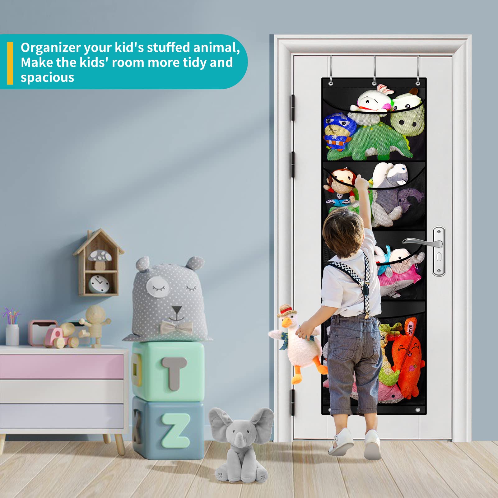 bmhlinyi Over Door Stuffed Animal Storage, Stuff Animals Organizer and Toy Plush Storage，With 4 Large Breathable Storage Pockets, Hanging Door Organizer for Nursery, Bedroom, Bathroom, Kids Room