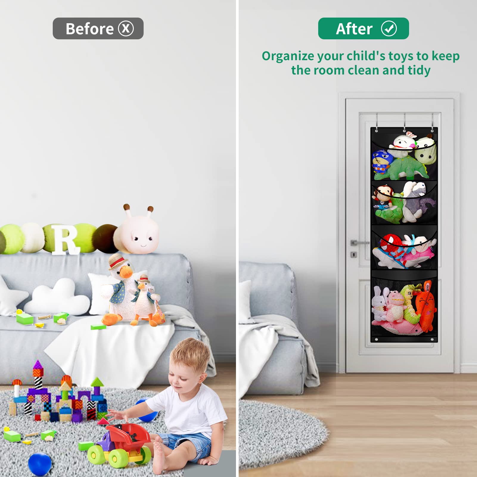 bmhlinyi Over Door Stuffed Animal Storage, Stuff Animals Organizer and Toy Plush Storage，With 4 Large Breathable Storage Pockets, Hanging Door Organizer for Nursery, Bedroom, Bathroom, Kids Room