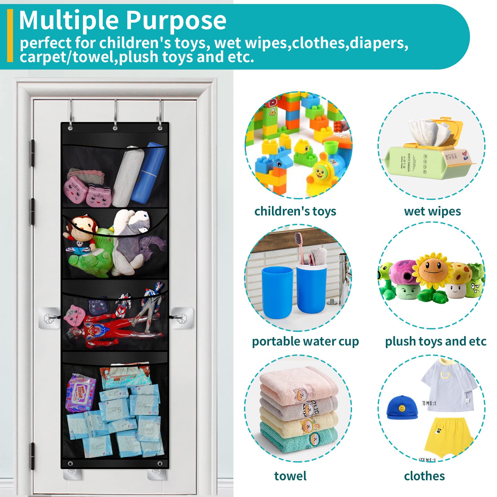 bmhlinyi Over Door Stuffed Animal Storage, Stuff Animals Organizer and Toy Plush Storage，With 4 Large Breathable Storage Pockets, Hanging Door Organizer for Nursery, Bedroom, Bathroom, Kids Room