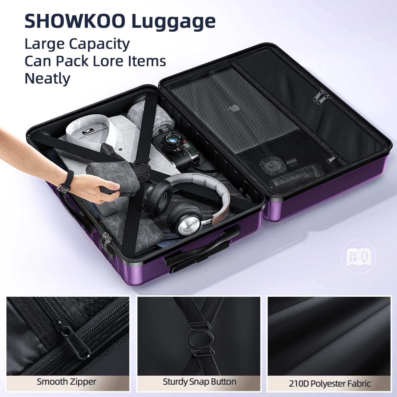 SHOWKOO Luggage Sets Expandable ABS Hardshell 3pcs Clearance Luggage Hardside Lightweight Durable Suitcase sets Spinner Wheels Suitcase with TSA Lock (Purple)