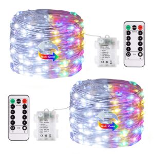 jmexsuss 2 pack color changing fairy lights battery operated, total 200 led 66ft color changing christmas lights with remote, 8 modes twinkle string lights for bedroom decor, cool white & multicolor