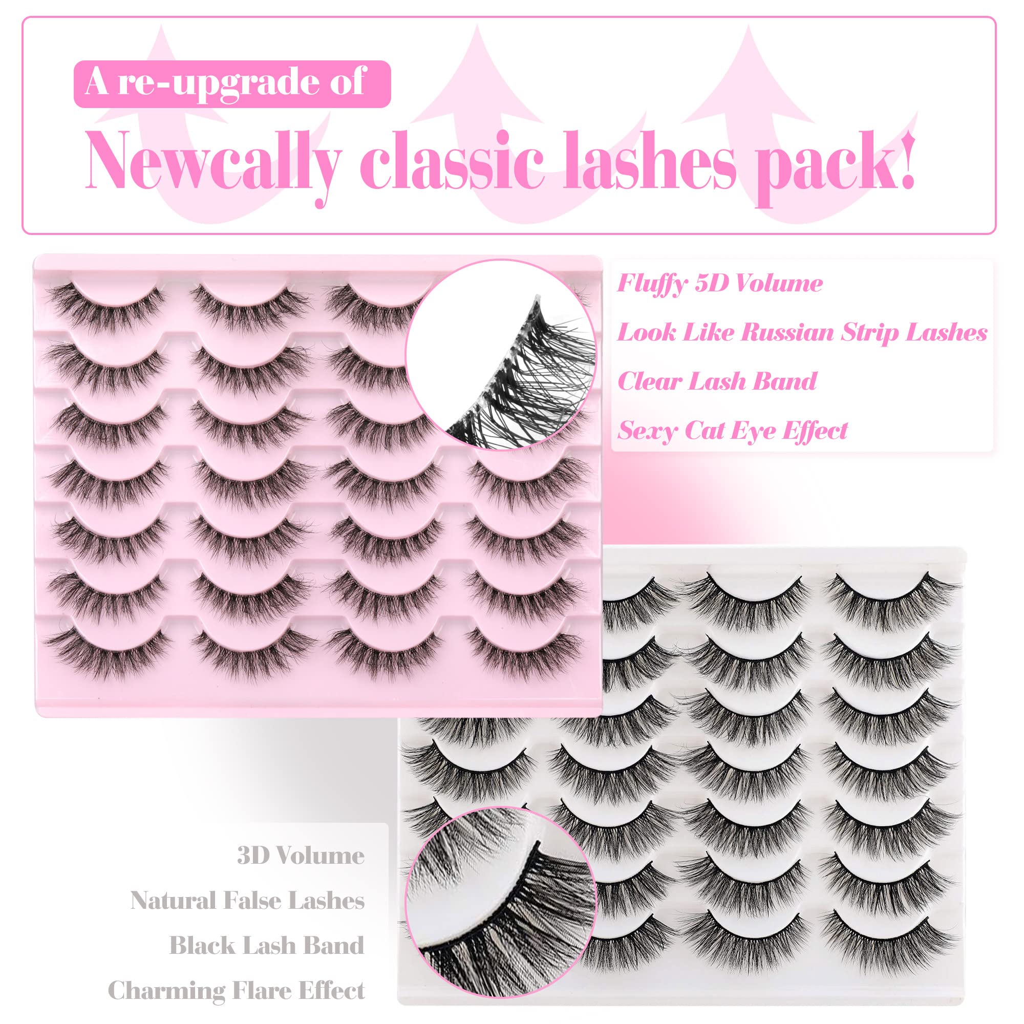 Newcally Lashes False Eyelashes Natural Look Lashes Mink Wispy Fluffy Volume Fake Eyelashes 5D Strip Cat Eye Lashes Pack Clear Lash Band Individual Eyelash 14 Pairs