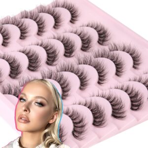 Newcally Lashes False Eyelashes Natural Look Lashes Mink Wispy Fluffy Volume Fake Eyelashes 5D Strip Cat Eye Lashes Pack Clear Lash Band Individual Eyelash 14 Pairs