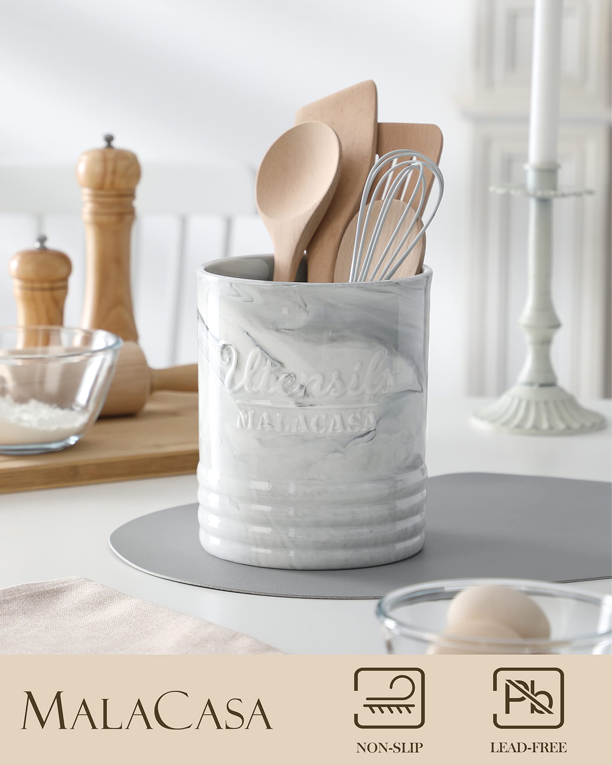 MALACASA Kitchen Utensil Holder, 7.2'' Large Cooking Utensils Holder for Kitchen Counter, Ceramic Utensil Crocks Utensil Organizer for Countertop, Farmhouse Kitchen Decor, Series REG