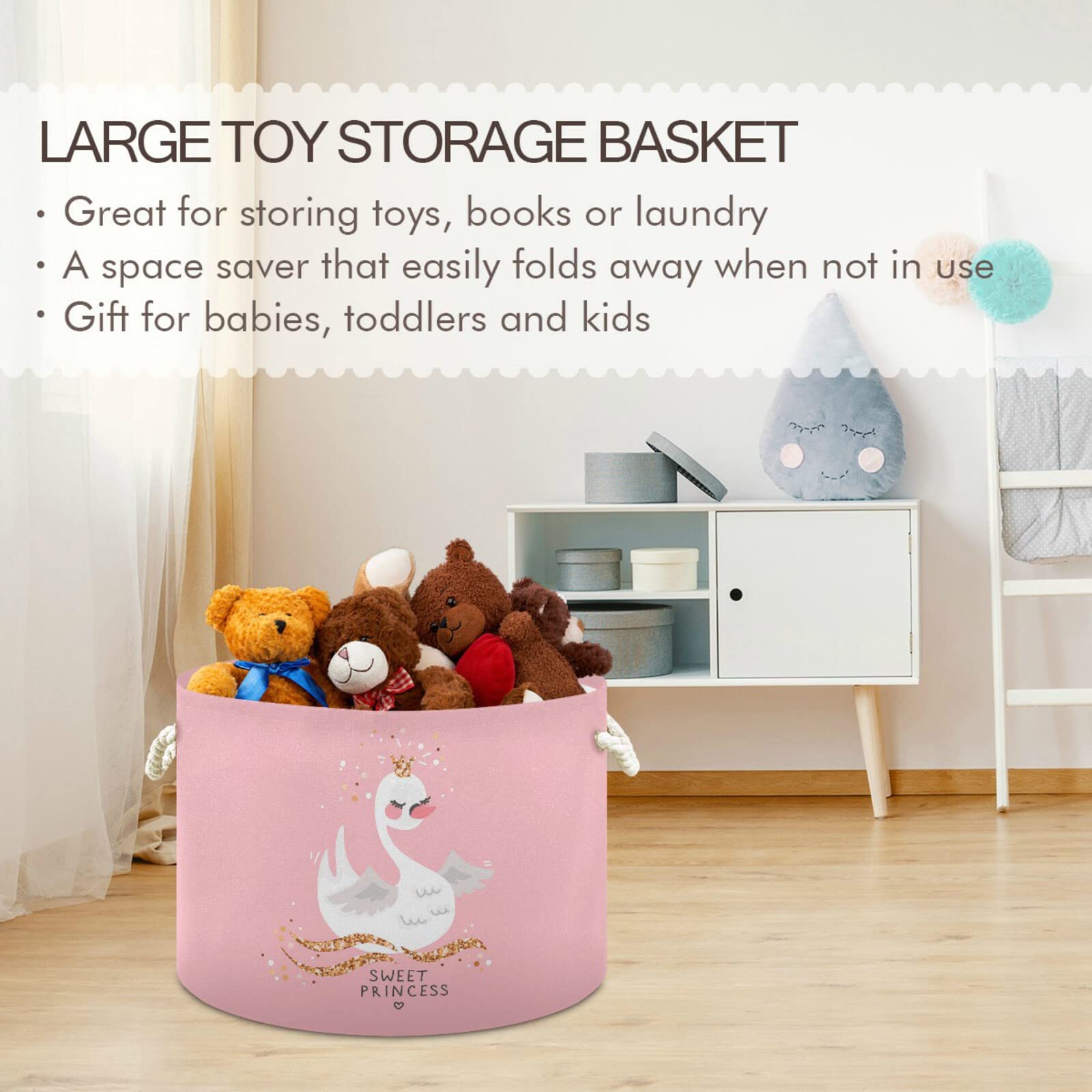 ALAZA Large Round Storage Basket,Sweet Princess SwanToy Basket Nursery Bins & Boxes Laundry Hamper for Bathroom/Bedroom/Home Decor