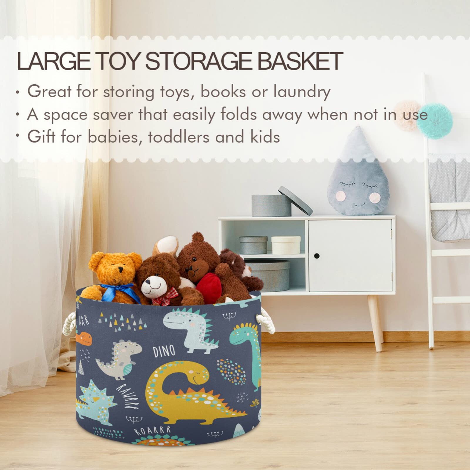 ALAZA Large Round Storage Basket,Dinosaurs PatternToy Basket Nursery Bins & Boxes Laundry Hamper for Bathroom/Bedroom/Home Decor