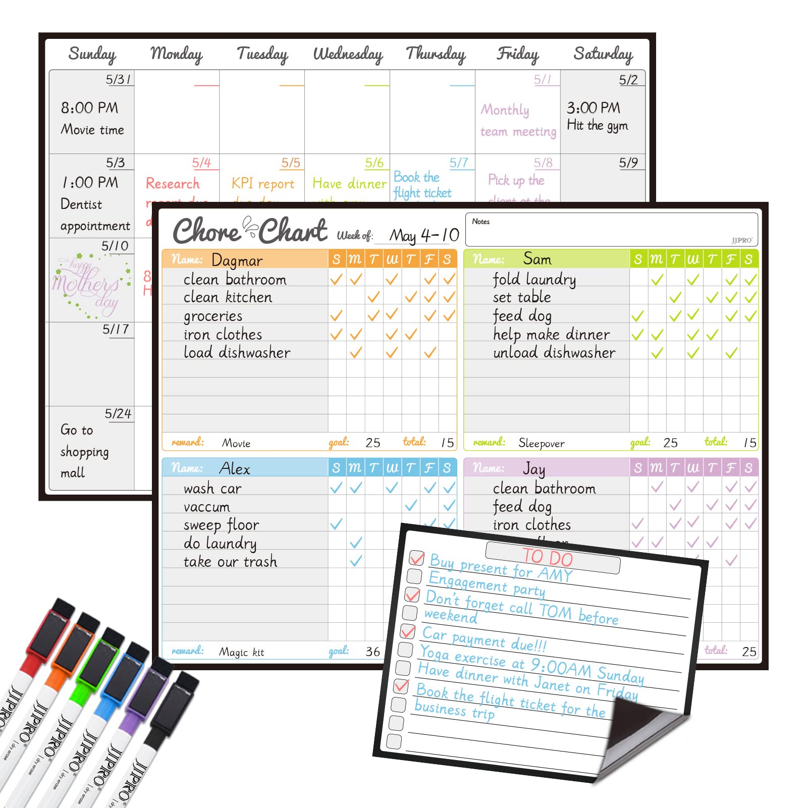 Magnetic Dry Erase Chore Chart and Calendar Bundle for Fridge - Chore Chart for Multiple Kids,Monthly Calendar,One Bonus to-do Whiteboard and 6 Extra Fine Tips Markers Included!