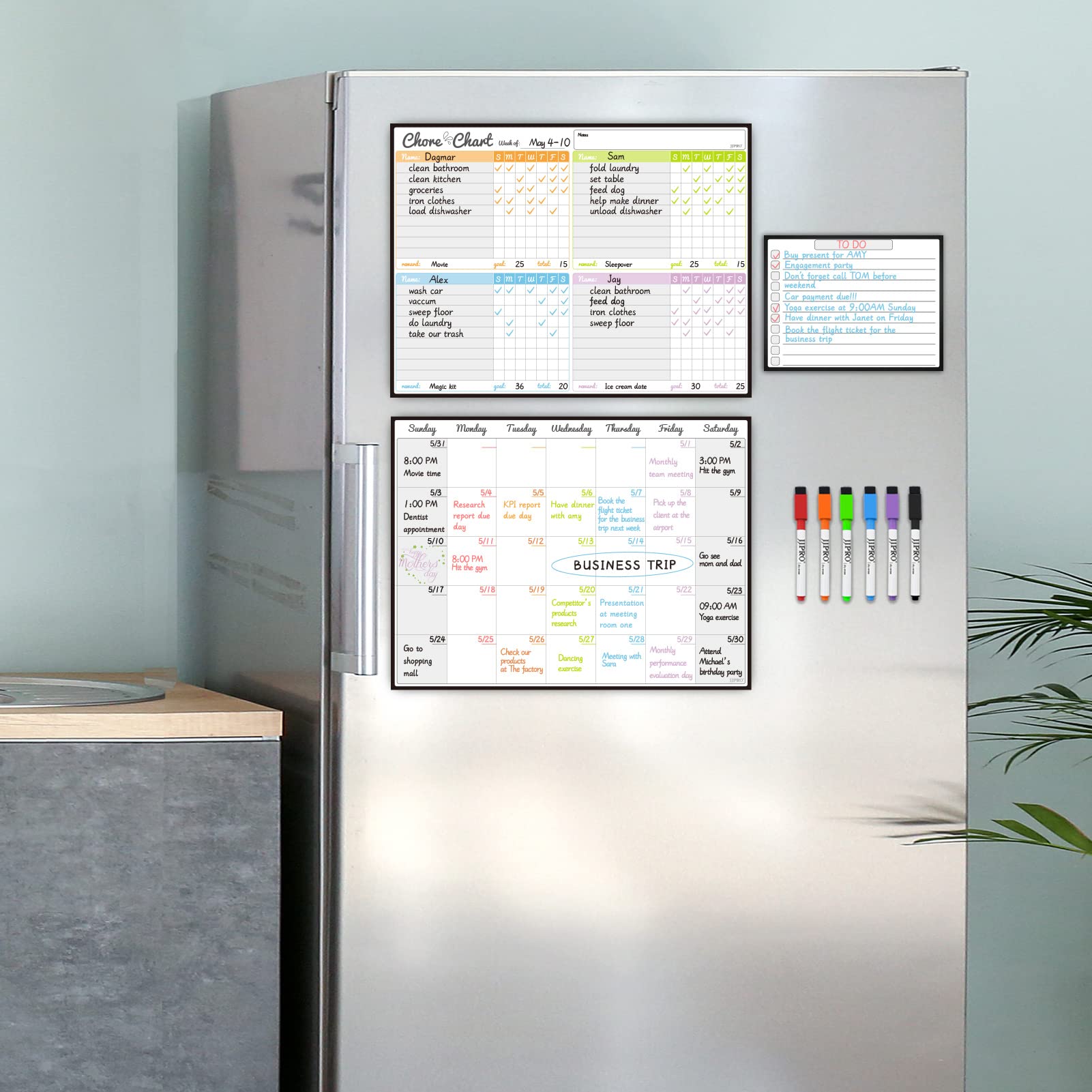 Magnetic Dry Erase Chore Chart and Calendar Bundle for Fridge - Chore Chart for Multiple Kids,Monthly Calendar,One Bonus to-do Whiteboard and 6 Extra Fine Tips Markers Included!