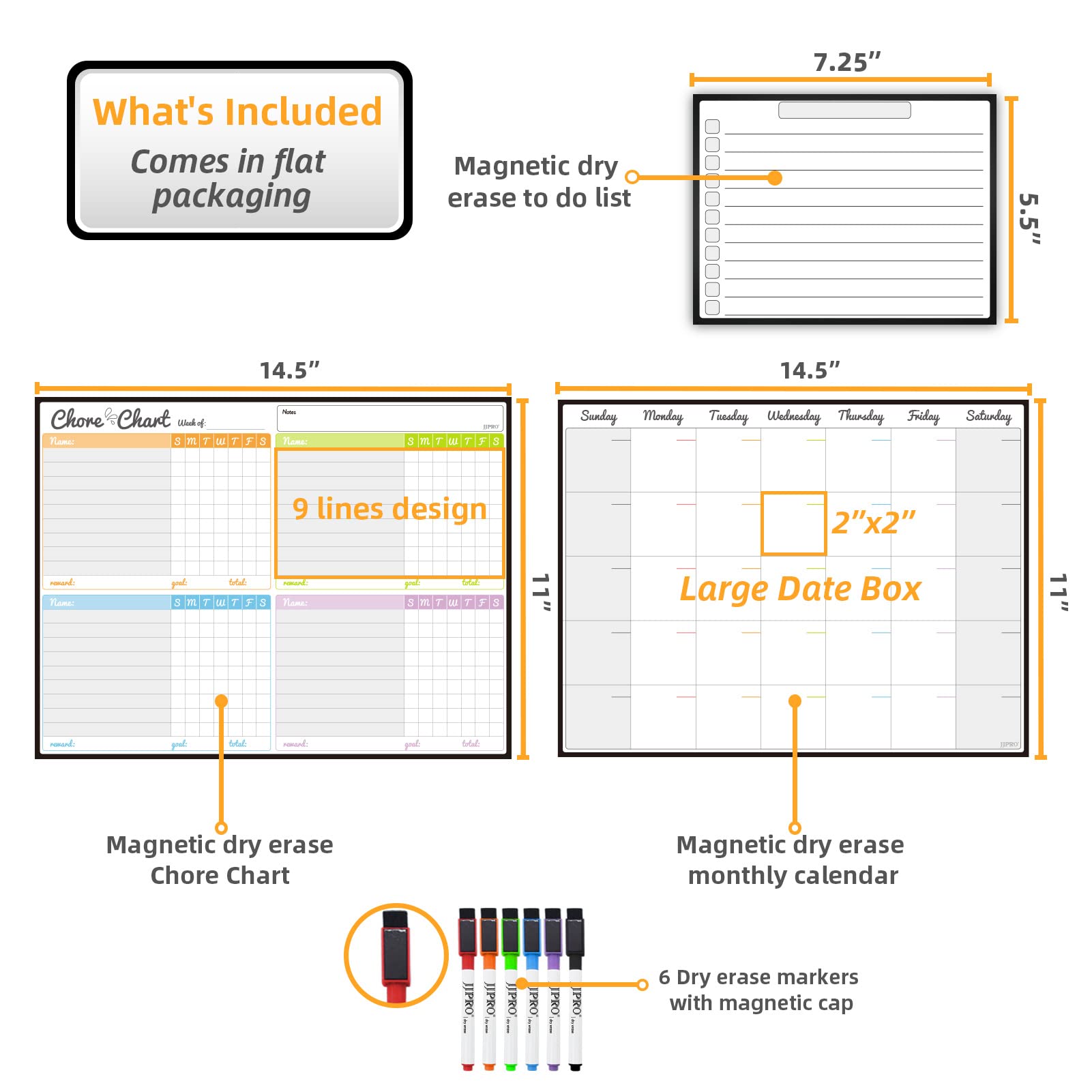 Magnetic Dry Erase Chore Chart and Calendar Bundle for Fridge - Chore Chart for Multiple Kids,Monthly Calendar,One Bonus to-do Whiteboard and 6 Extra Fine Tips Markers Included!