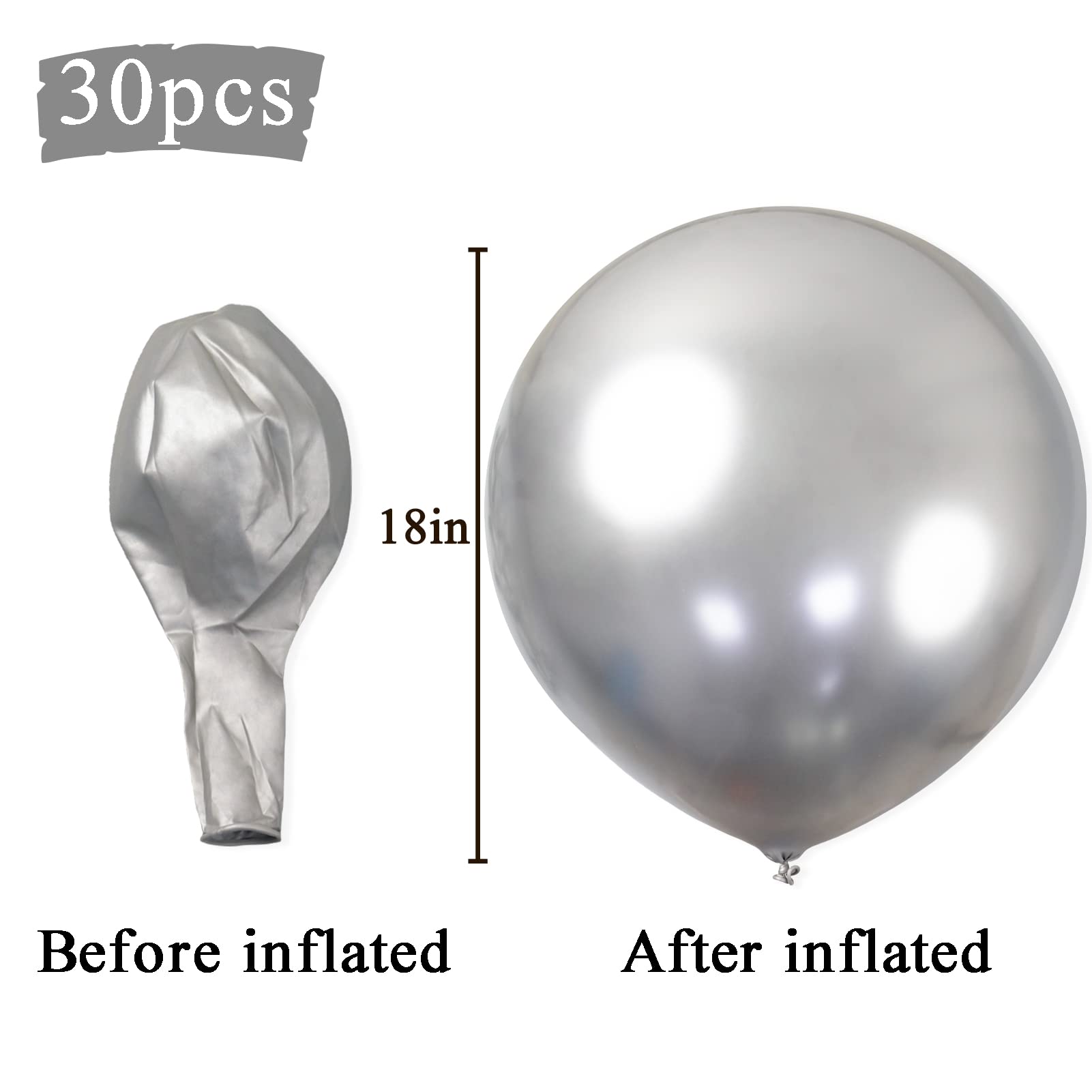 30pcs Silver Balloons 18 Inch Large Sliver Metallic Chrome Balloons Big Latex Balloons for Christmas Birthday Wedding Baby Shower Party Decorations