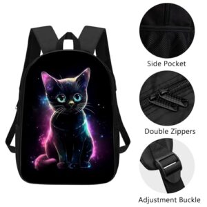 ALIFAFA Black Cat Backpack Cute Kitty Cat in Galaxy School Bookbag for Boys Girls Kids Teens, Elementary Middle High College School Casual Travel Bag Computer Laptop Daypack Rucksack, 17 Inch