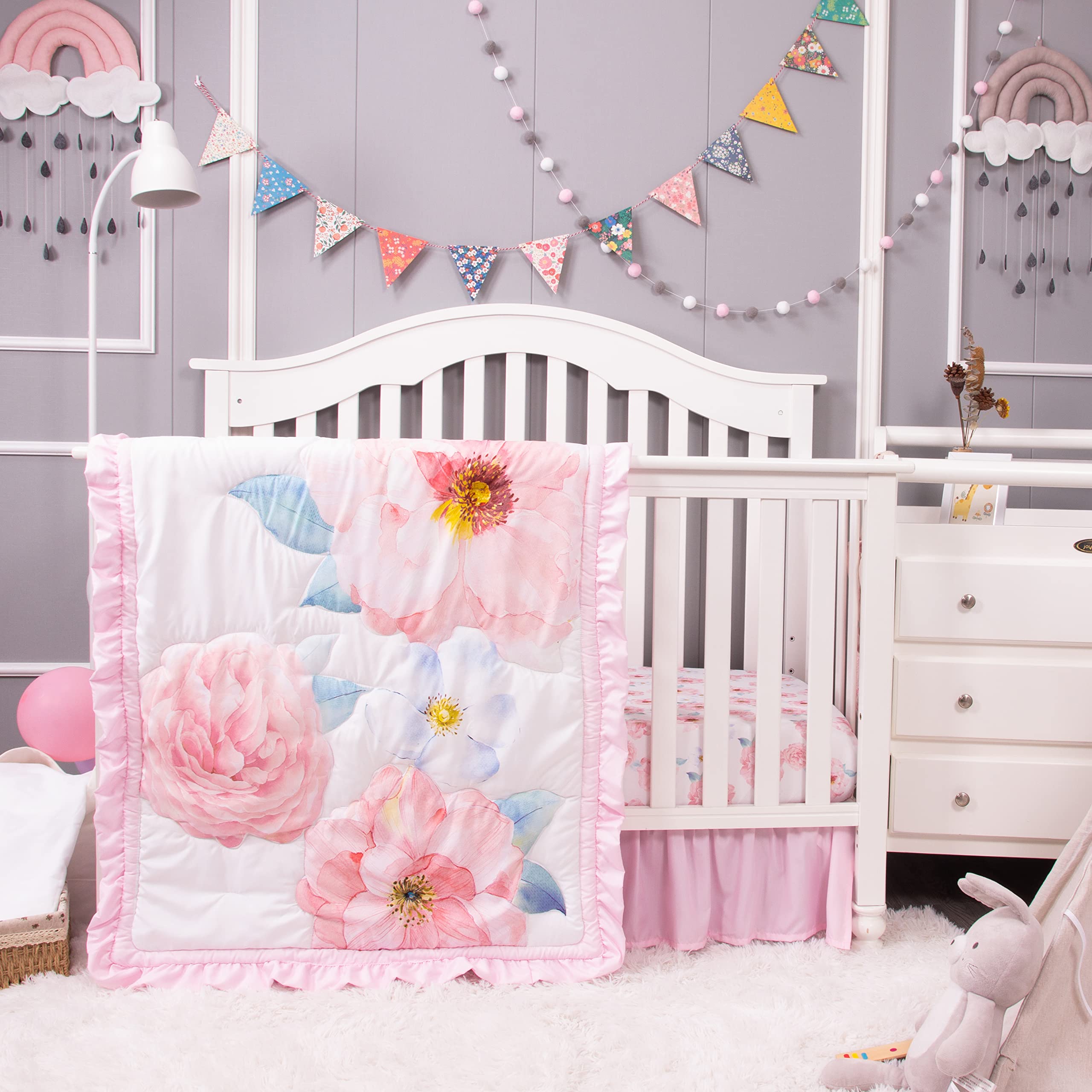 La Premura Baby Girl Crib Bedding Set for Girls, 4-Piece Nursery Crib Set Including Crib Sheet, Blanket, Crib Skirt and Pillow Cover, Watercolor Rose, Pastel Pink & Baby Blue