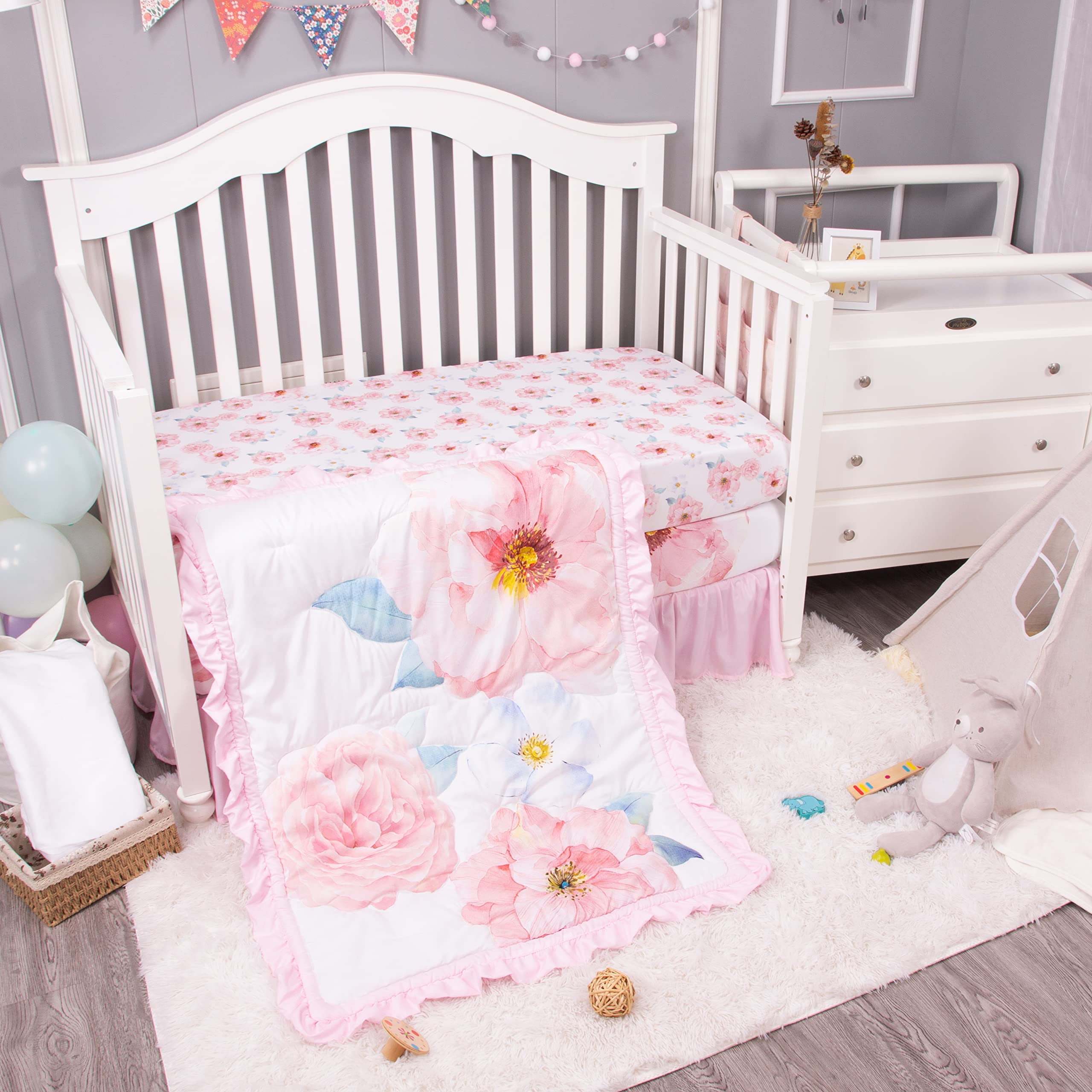 La Premura Baby Girl Crib Bedding Set for Girls, 4-Piece Nursery Crib Set Including Crib Sheet, Blanket, Crib Skirt and Pillow Cover, Watercolor Rose, Pastel Pink & Baby Blue