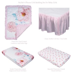 La Premura Baby Girl Crib Bedding Set for Girls, 4-Piece Nursery Crib Set Including Crib Sheet, Blanket, Crib Skirt and Pillow Cover, Watercolor Rose, Pastel Pink & Baby Blue