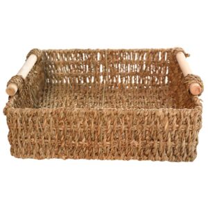 doitool hand- woven storage basket with wooden handle, rectangular seagrass storage baskets, wicker baskets for shelves, natural hyacinth baskets for organizing, 11.42x11.42x3.54