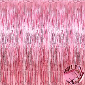 4 pack pink foil fringe curtain backdrop, 3.3ft x 9.8ft metallic tinsel foil fringe streamers curtains for photo booth, wedding, bachelorette, birthday, valentine's day, carnival party decoration