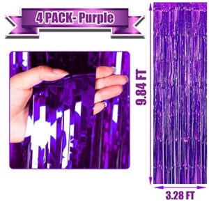 4 Pack Purple Foil Fringe Curtain Backdrop, 3.3Ft x 9.8Ft Metallic Tinsel Foil Fringe Streamers Curtains for Photo Booth, Wedding, Thanksgiving, Birthday, Christmas, Halloween Party Decoration