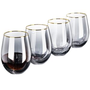mygift gunmetal gray stemless wine glasses with brass tone rim, set of 4 - modern smokey design drinking glasses for red and white wine - holds 18 oz