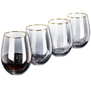 MyGift Gunmetal Gray Stemless Wine Glasses with Brass Tone Rim, Set of 4 - Modern Smokey Design Drinking Glasses for Red and White Wine - Holds 18 oz