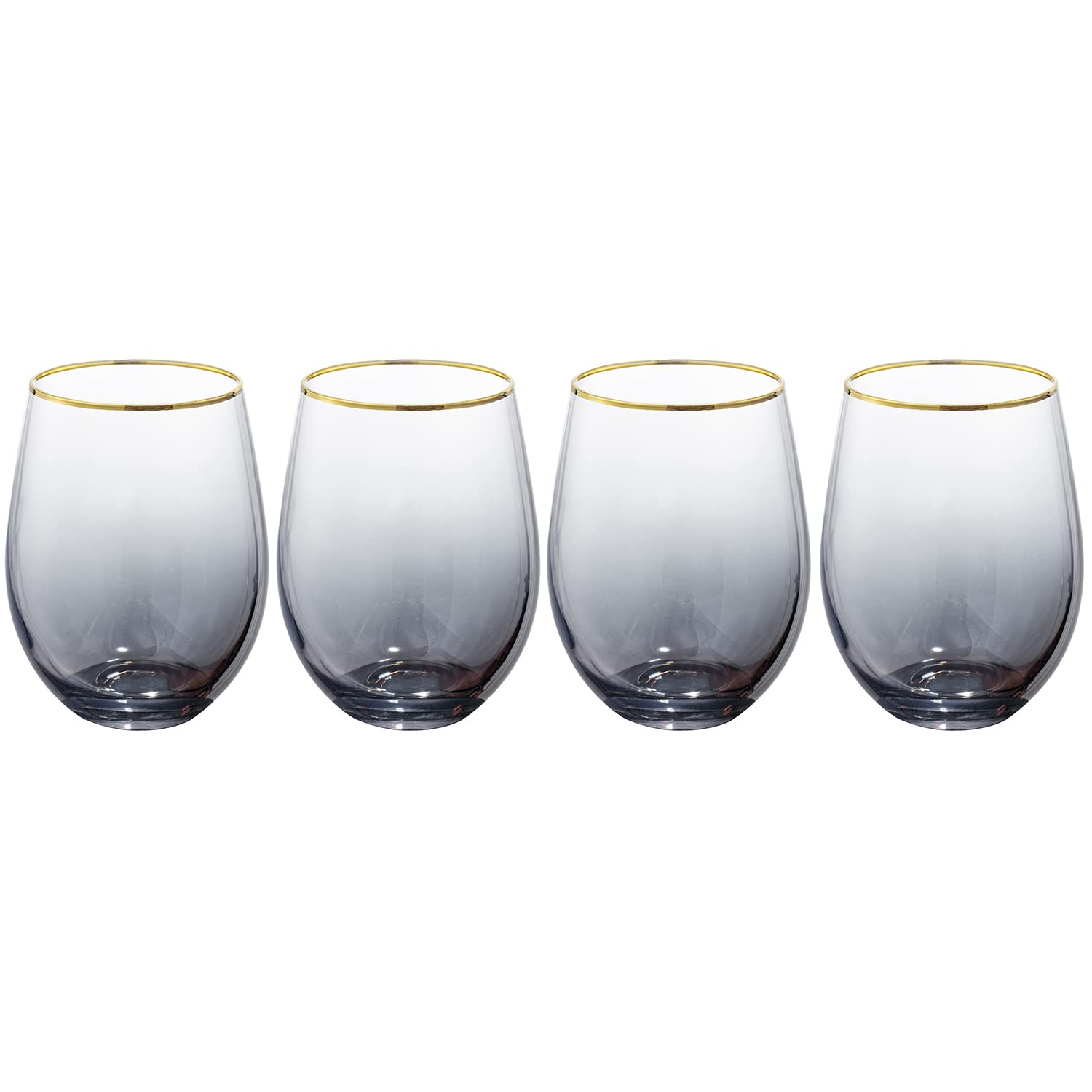 MyGift Gunmetal Gray Stemless Wine Glasses with Brass Tone Rim, Set of 4 - Modern Smokey Design Drinking Glasses for Red and White Wine - Holds 18 oz