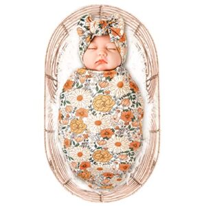 konssy baby girl newborn receiving blanket with headband set baby swaddle floral motif nursery swaddle wrap