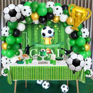 winrayk soccer party decorations birthday supplies soccer balloons garland arch kit with soccer backdrop tablecloth champion trophy soccer foil balloon men teen kids soccer birthday party supplies