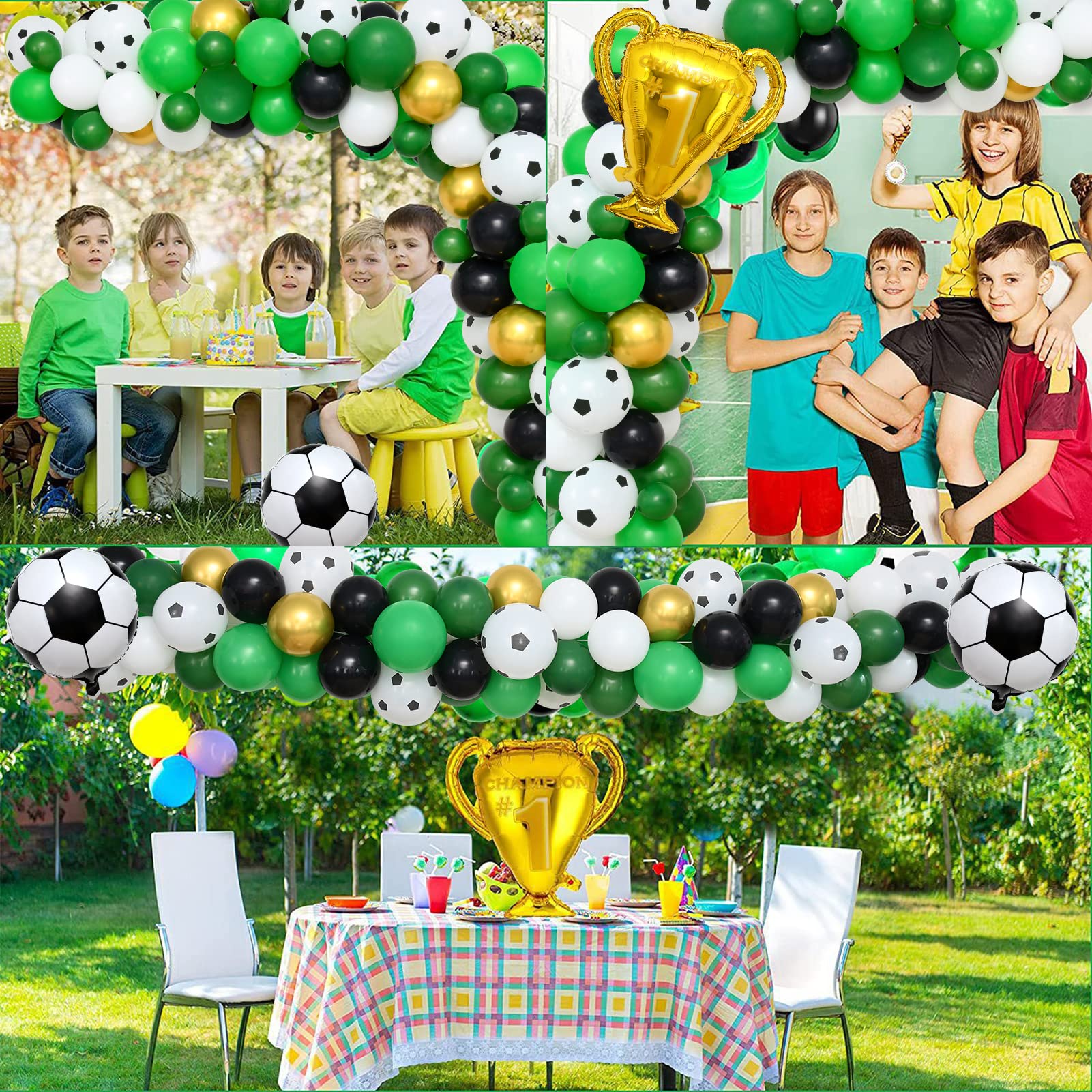 Winrayk Soccer Party Decorations Birthday Supplies Soccer Balloons Garland Arch Kit with Soccer Backdrop Tablecloth Champion Trophy Soccer Foil Balloon Men Teen Kids Soccer Birthday Party Supplies