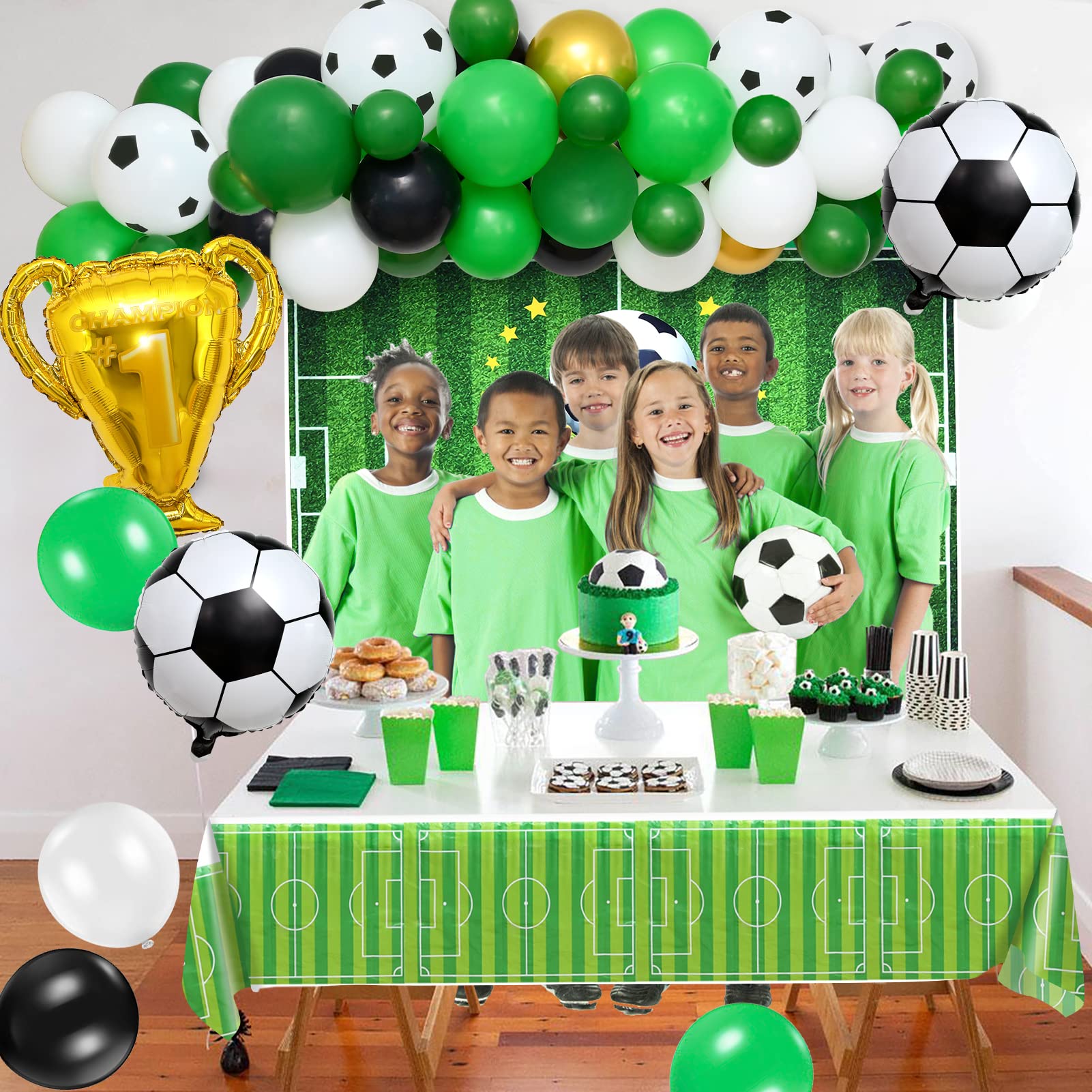 Winrayk Soccer Party Decorations Birthday Supplies Soccer Balloons Garland Arch Kit with Soccer Backdrop Tablecloth Champion Trophy Soccer Foil Balloon Men Teen Kids Soccer Birthday Party Supplies