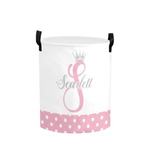 Personalized Laundry Basket Hamper,Princess Pink Dots,Collapsible Storage Baskets with Handles for Kids Room,Clothes, Nursery Decor