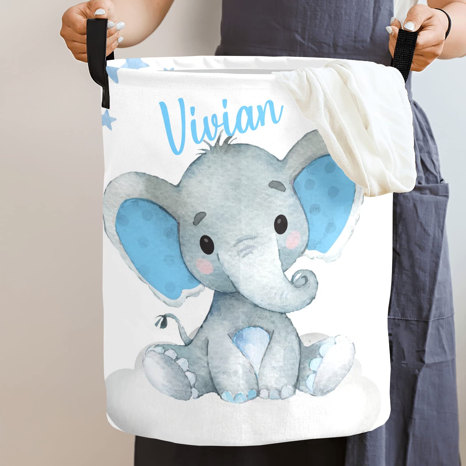 Custom Cute Baby Elephant Laundry Hamper Personalized Laundry Basket with Name Storage Basket with Handle for Bathroom Living Room Bedroom